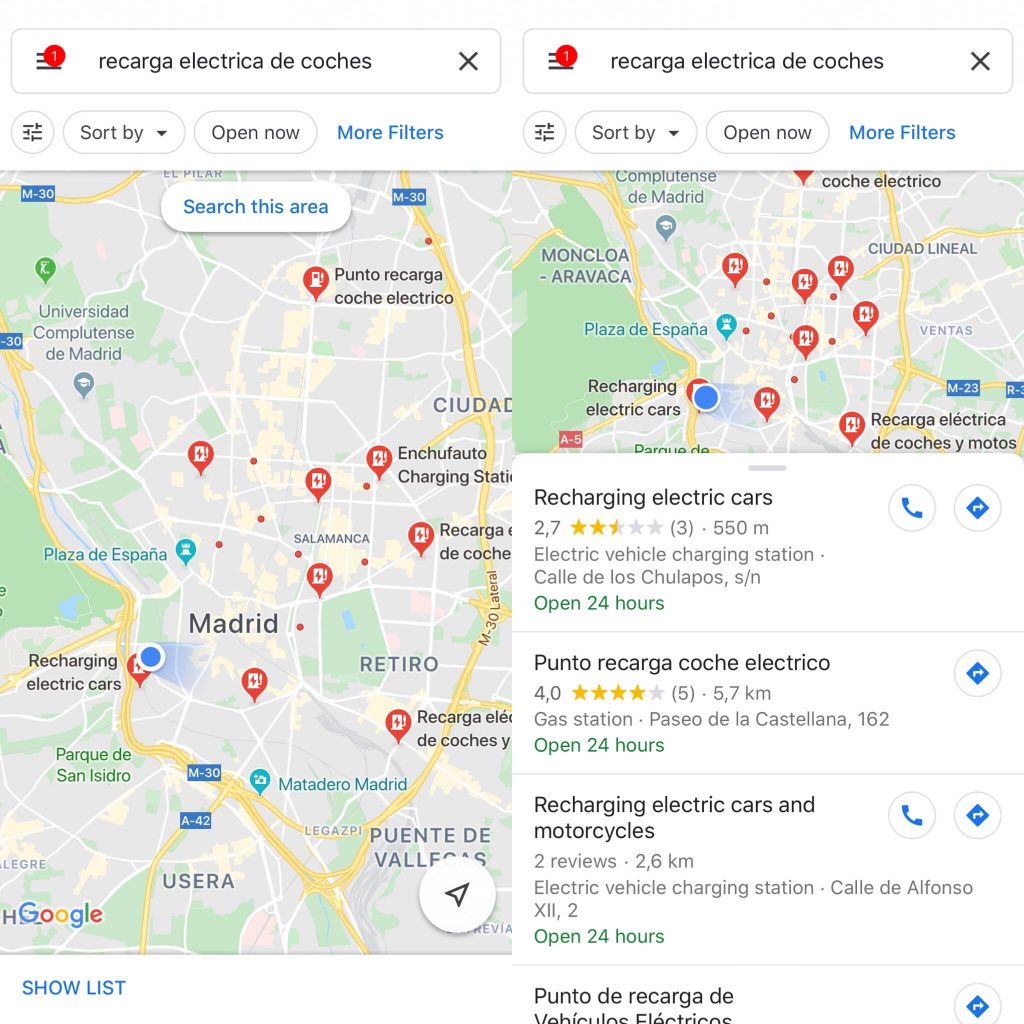 google maps recarga de coches electrico